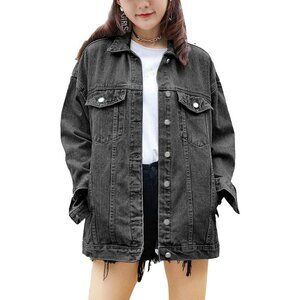 Women's Oversized Mid Long Denim Jacket Jean Biker Coat Long Sleeves Grey